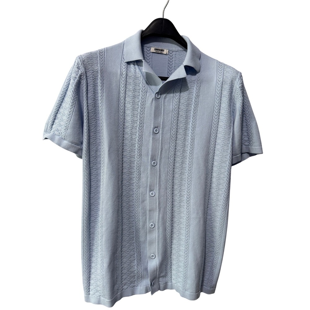 COOFANDY Mens Light Blue Knit Button Down Short‎ Sleeve Pointelle Polo Shirt M